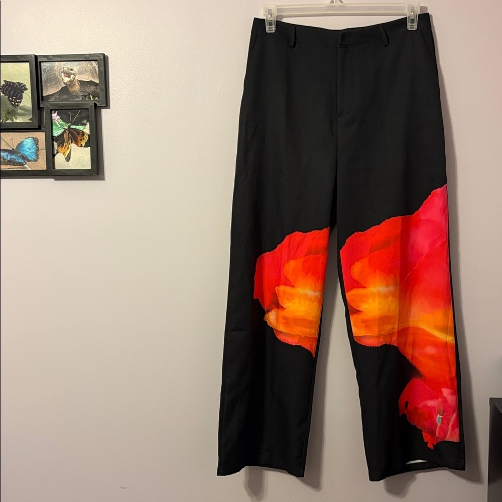 Uoozee Black Abstract Print Statement Wide Leg Pants Red Orange Sunset size XL